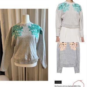 3.1 Phillip Lim Women M Gray/Green Cotton Long Sleeve Embroidery Crop Sweatshirt